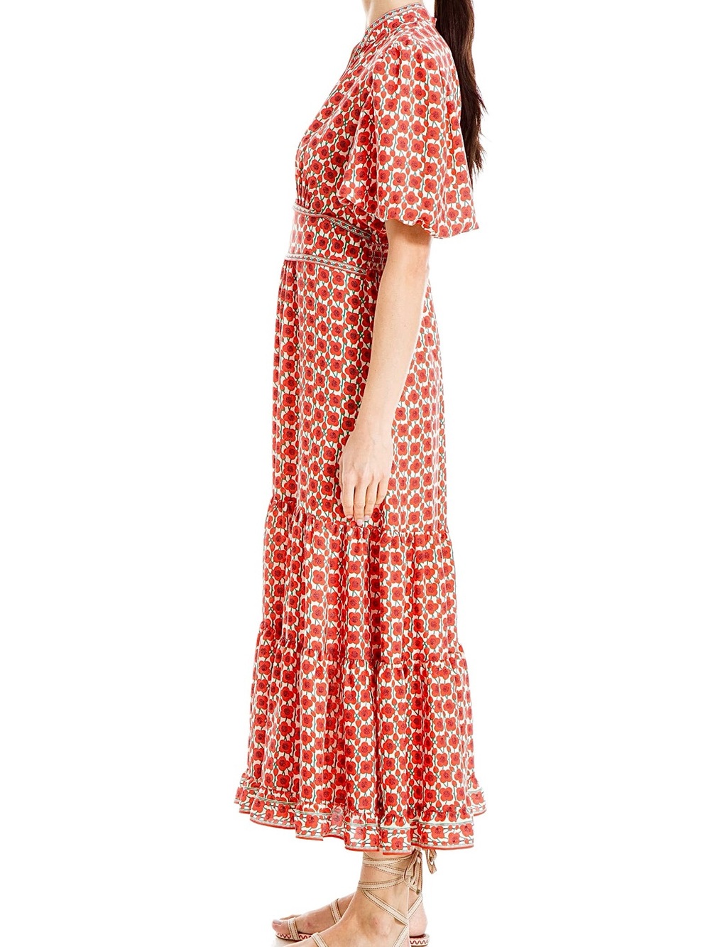 Max Studio Puff Sleeve Tiered Maxi Dress Poppy Floral Print Size Small - Picture 5 of 15